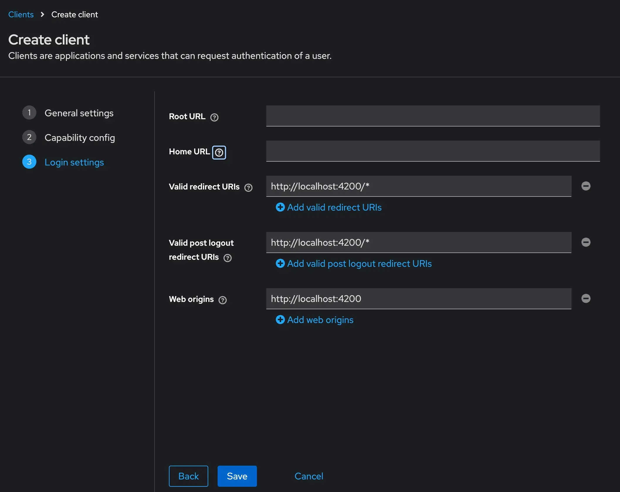create client - login settings
